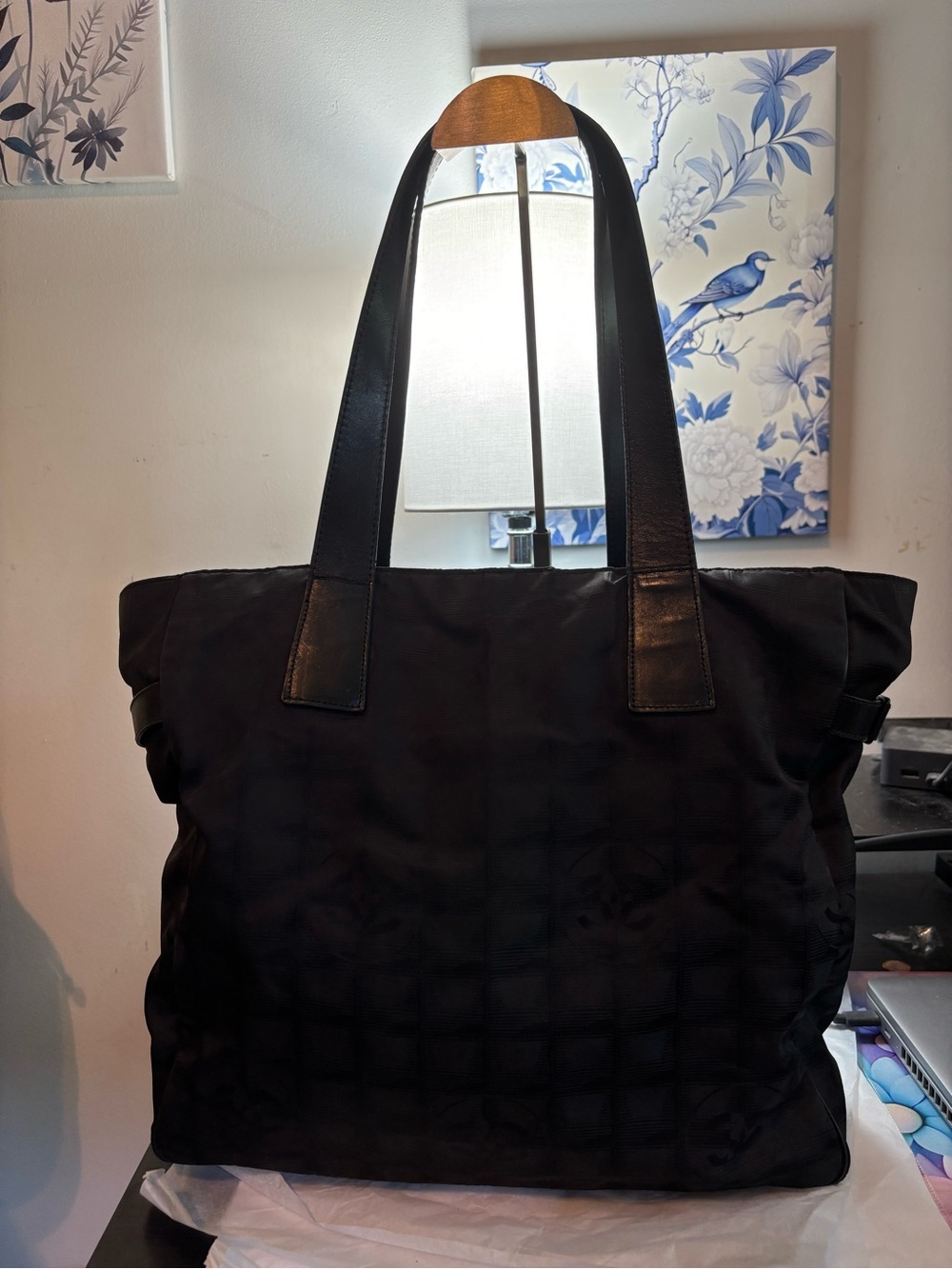 Authentic CHANEL New Travel Line Tote MM Black Nylon/Jacquard/Leather Bag